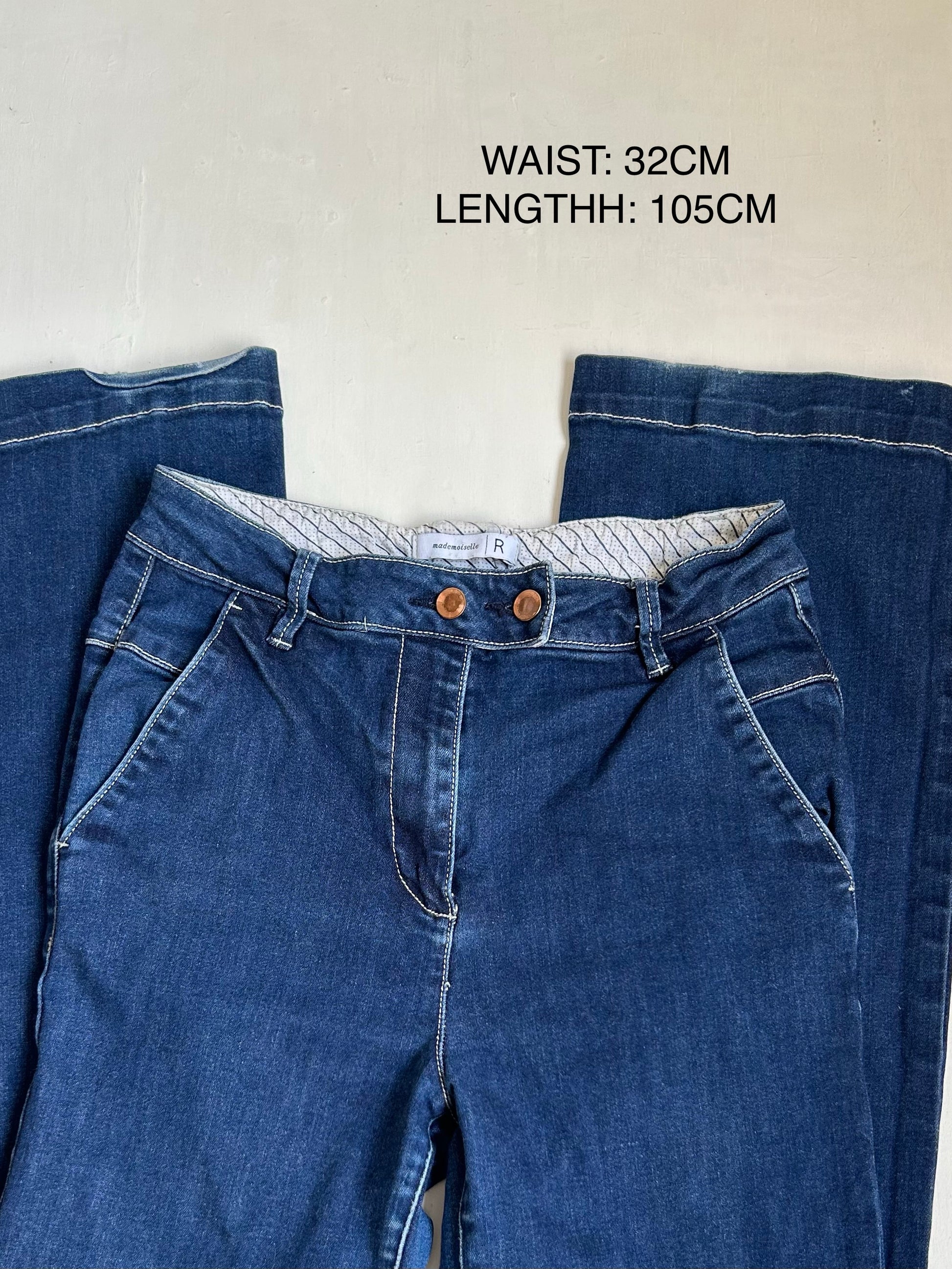 Blue denim stretchy low waist flare pants (XS/S)