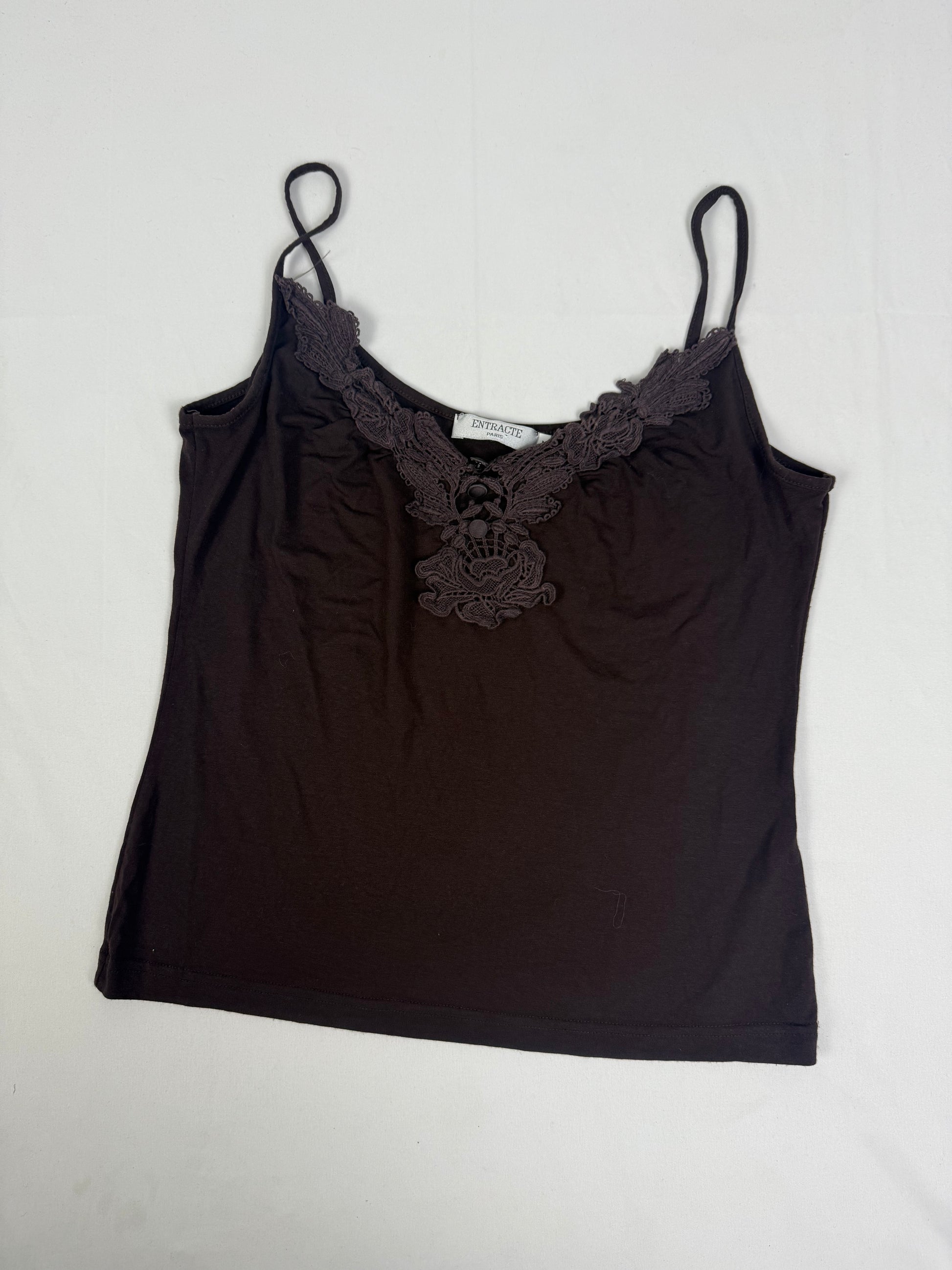 Brown embroidered neck cami top (L)