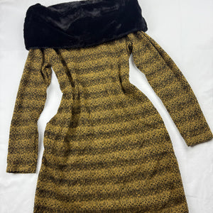 Khaki faux fur large neck knitted jumper dress (S/M)