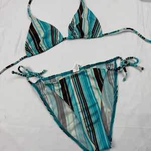 Blue tie up striped low rise bikini set (M)