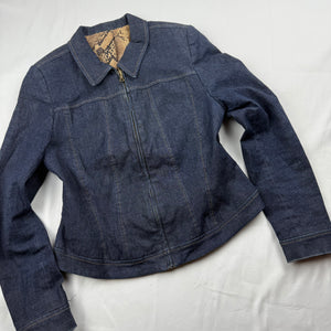 Navy denim tight fit zip up office jacket (S/M)