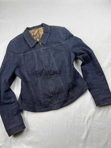 Navy denim tight fit zip up office jacket (S/M)