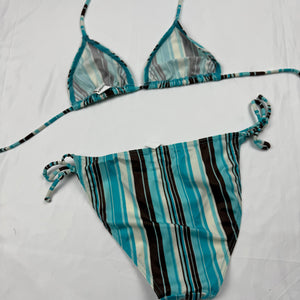 Blue tie up striped low rise bikini set (M)