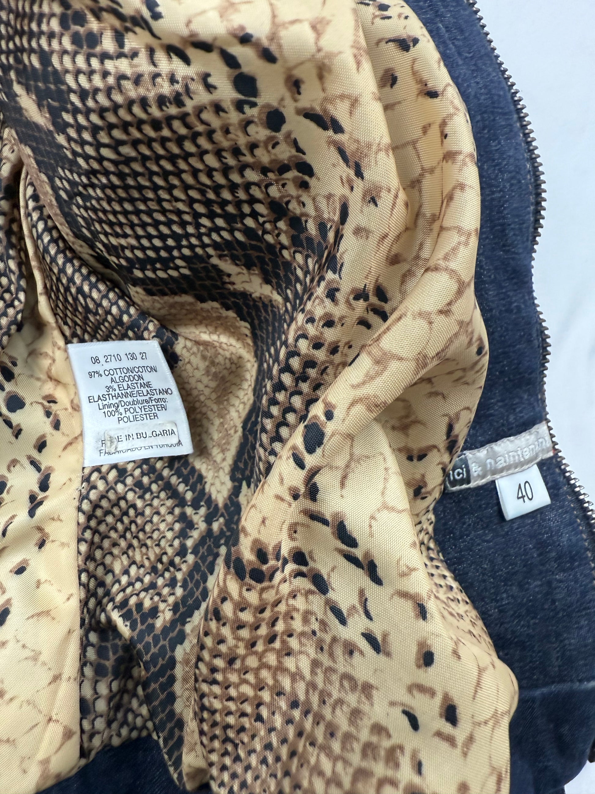 Navy denim tight fit zip up office jacket (S/M)