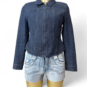 Navy denim tight fit zip up office jacket (S/M)