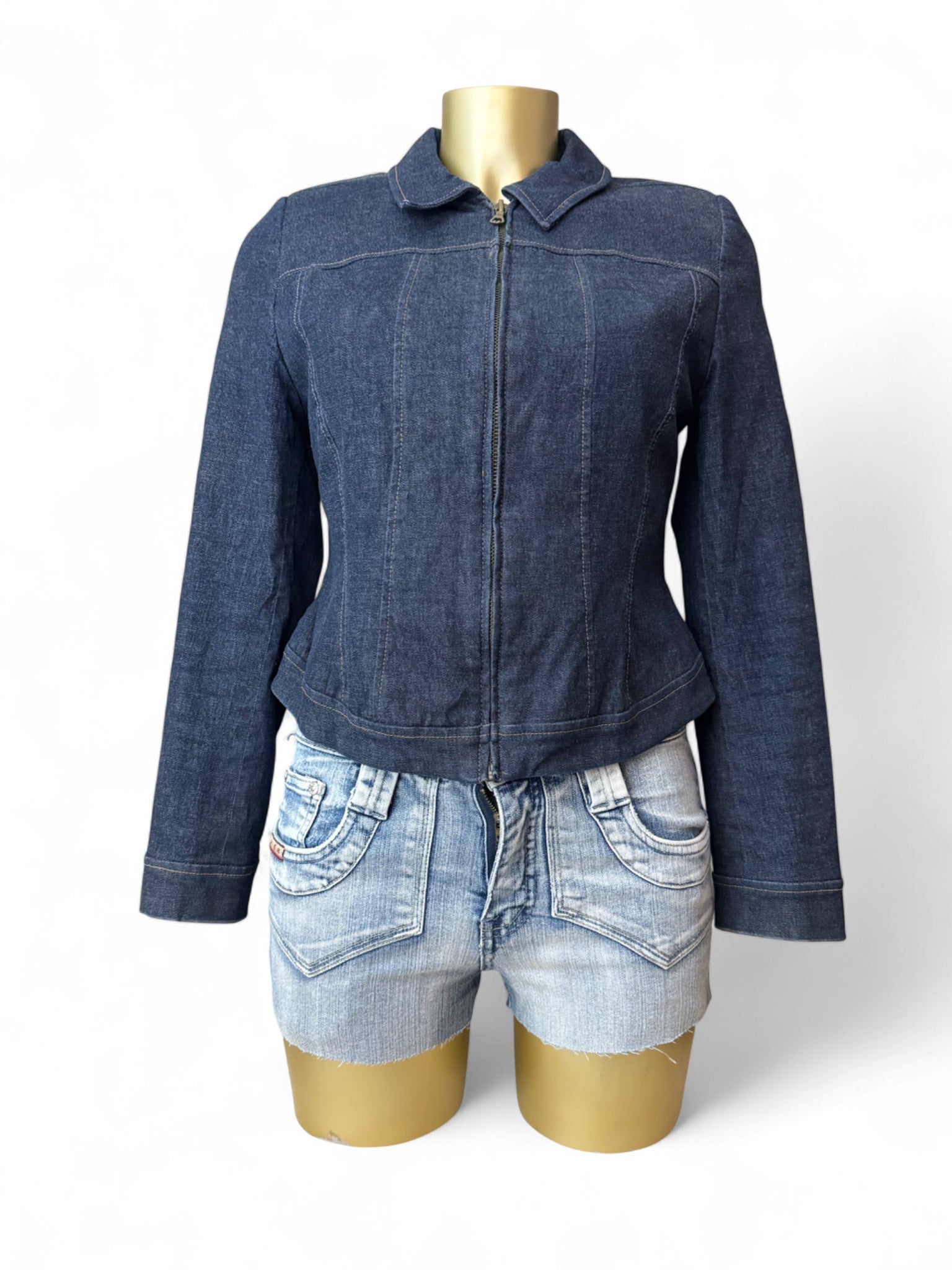 Navy denim tight fit zip up office jacket (S/M)