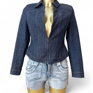 Navy denim tight fit zip up office jacket (S/M)