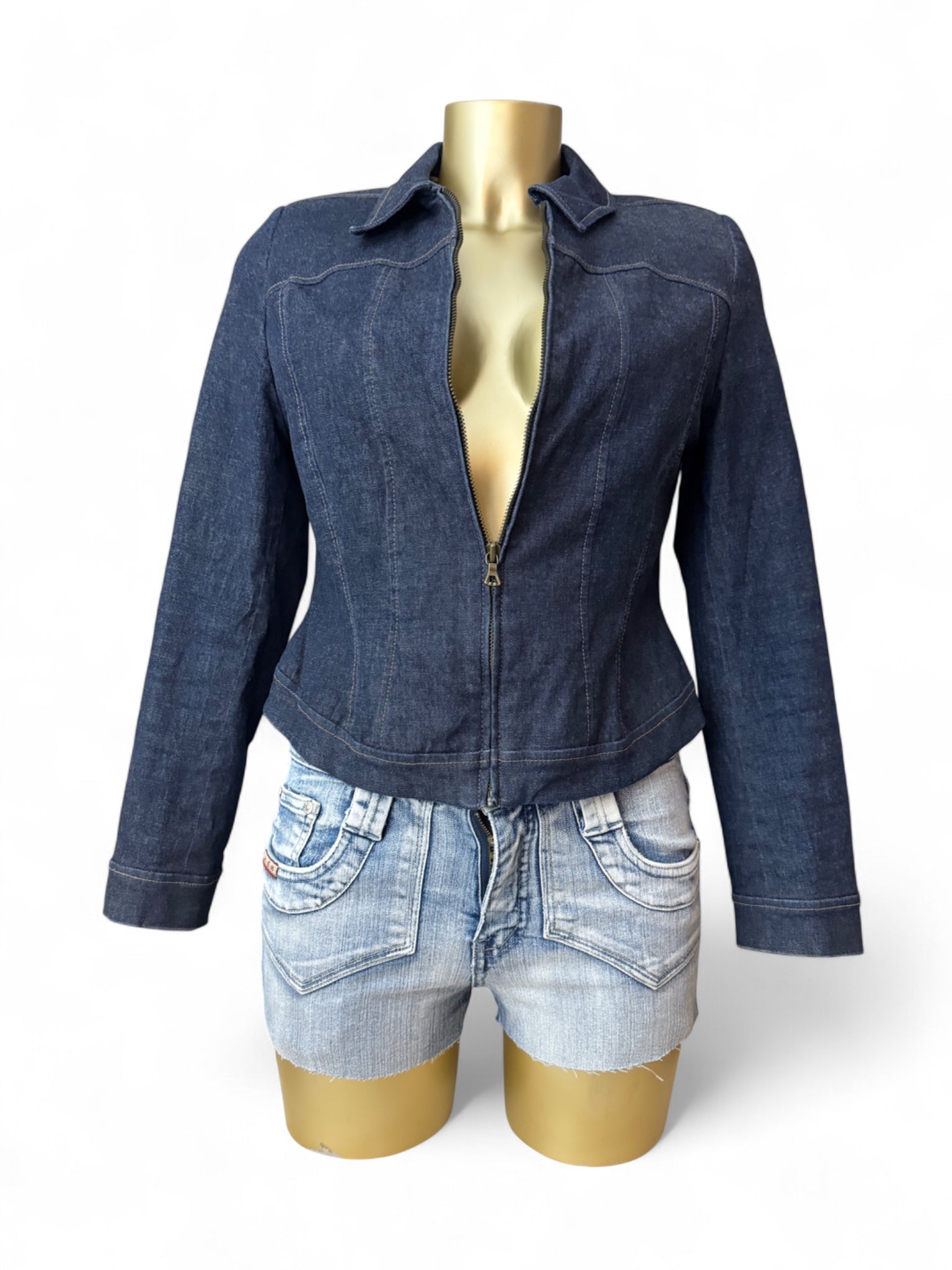 Navy denim tight fit zip up office jacket (S/M)