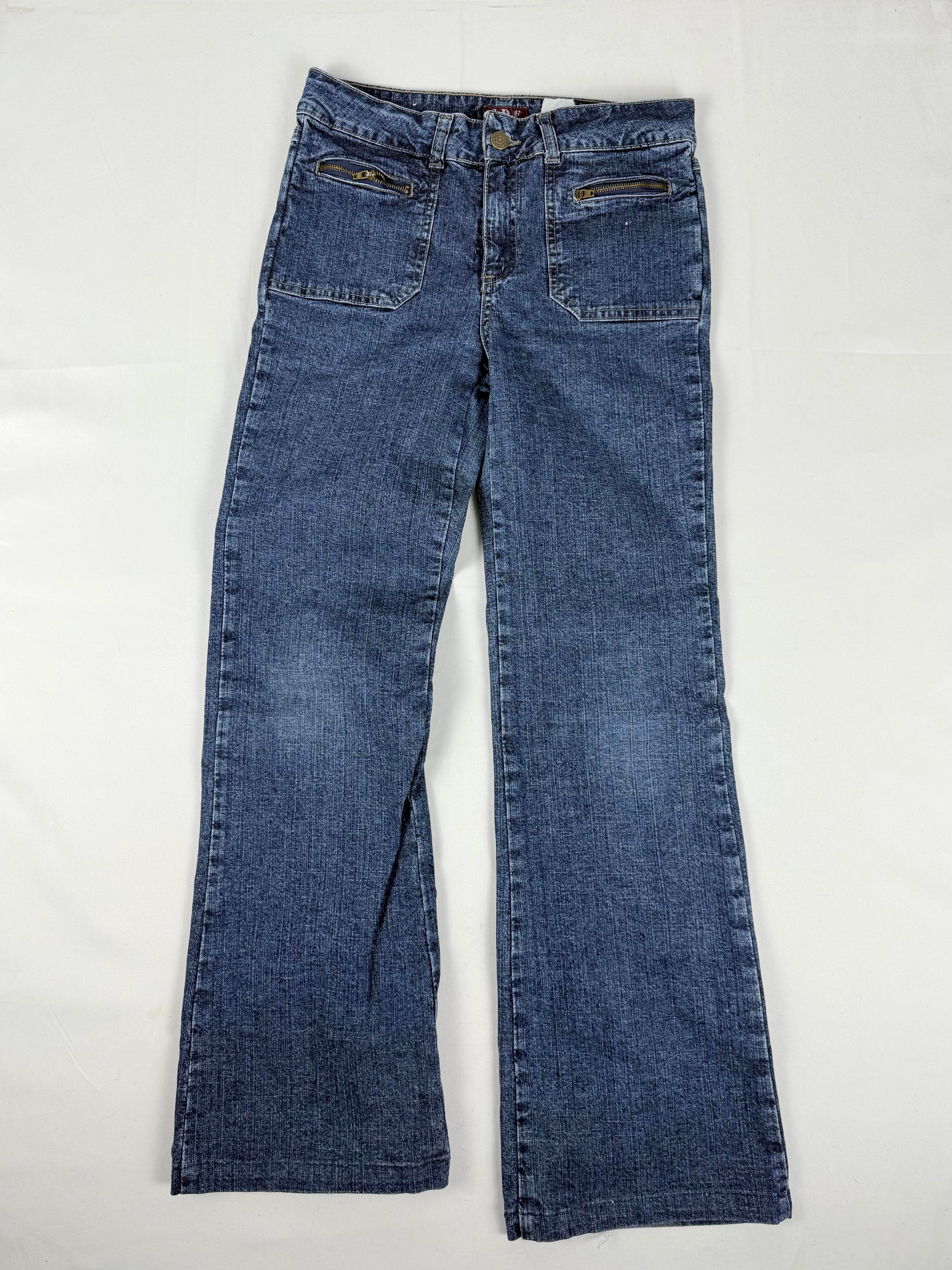 Blue denim low rise flare pants (XS)