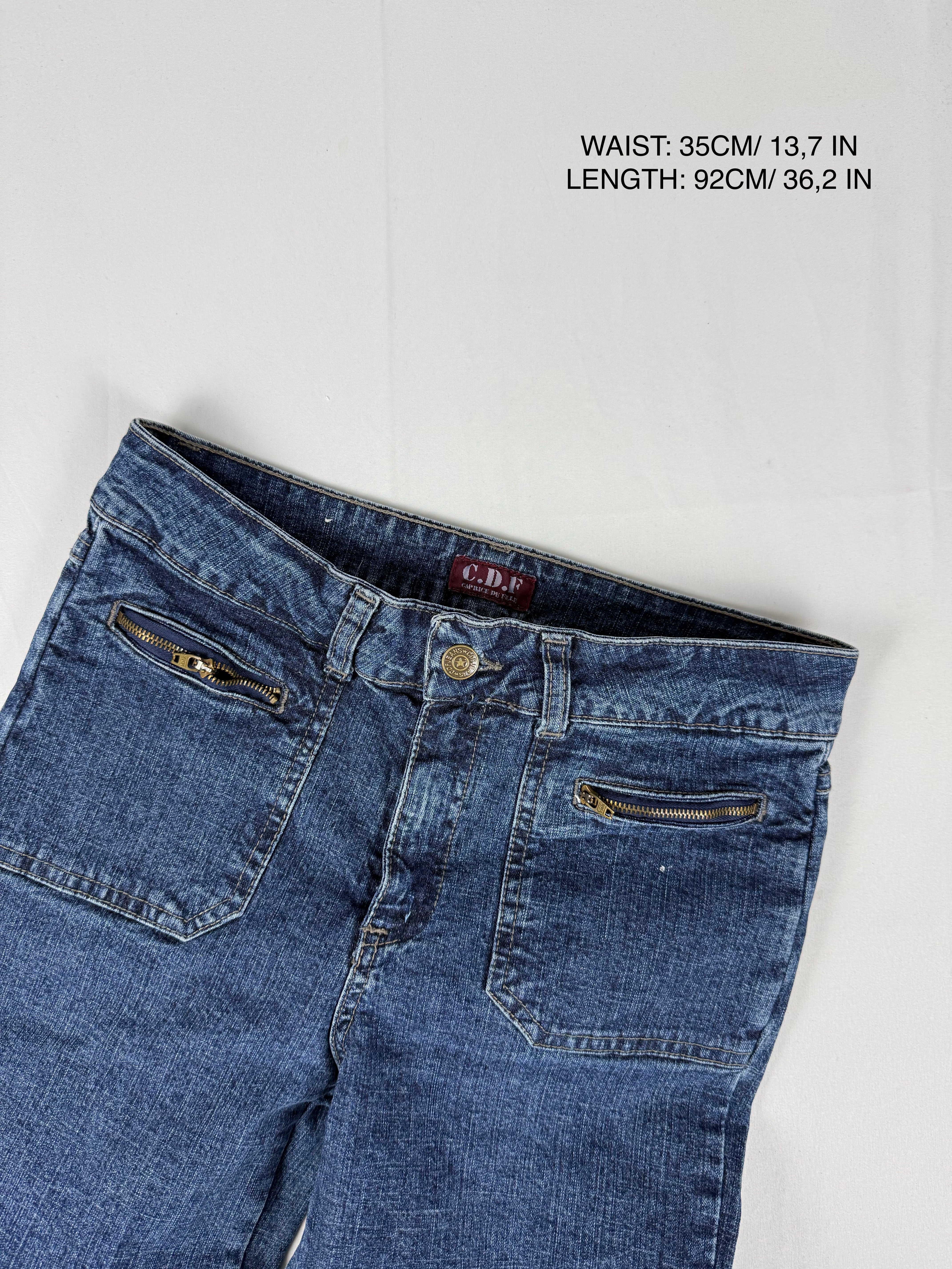 Blue denim low rise flare pants (XS)