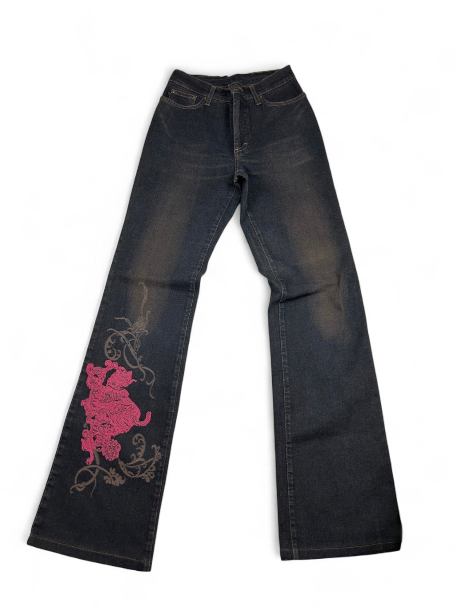 Navy high rise bootcut floral denim pants (XS)