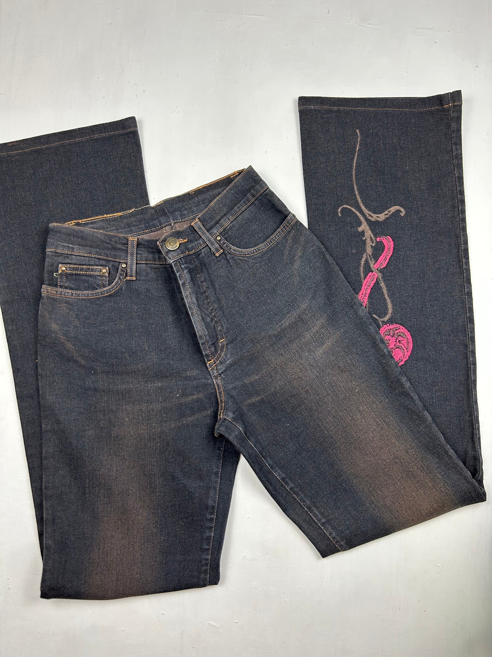 Navy high rise bootcut floral denim pants (XS)