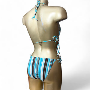 Blue tie up striped low rise bikini set (M)