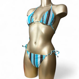 Blue tie up striped low rise bikini set (M)