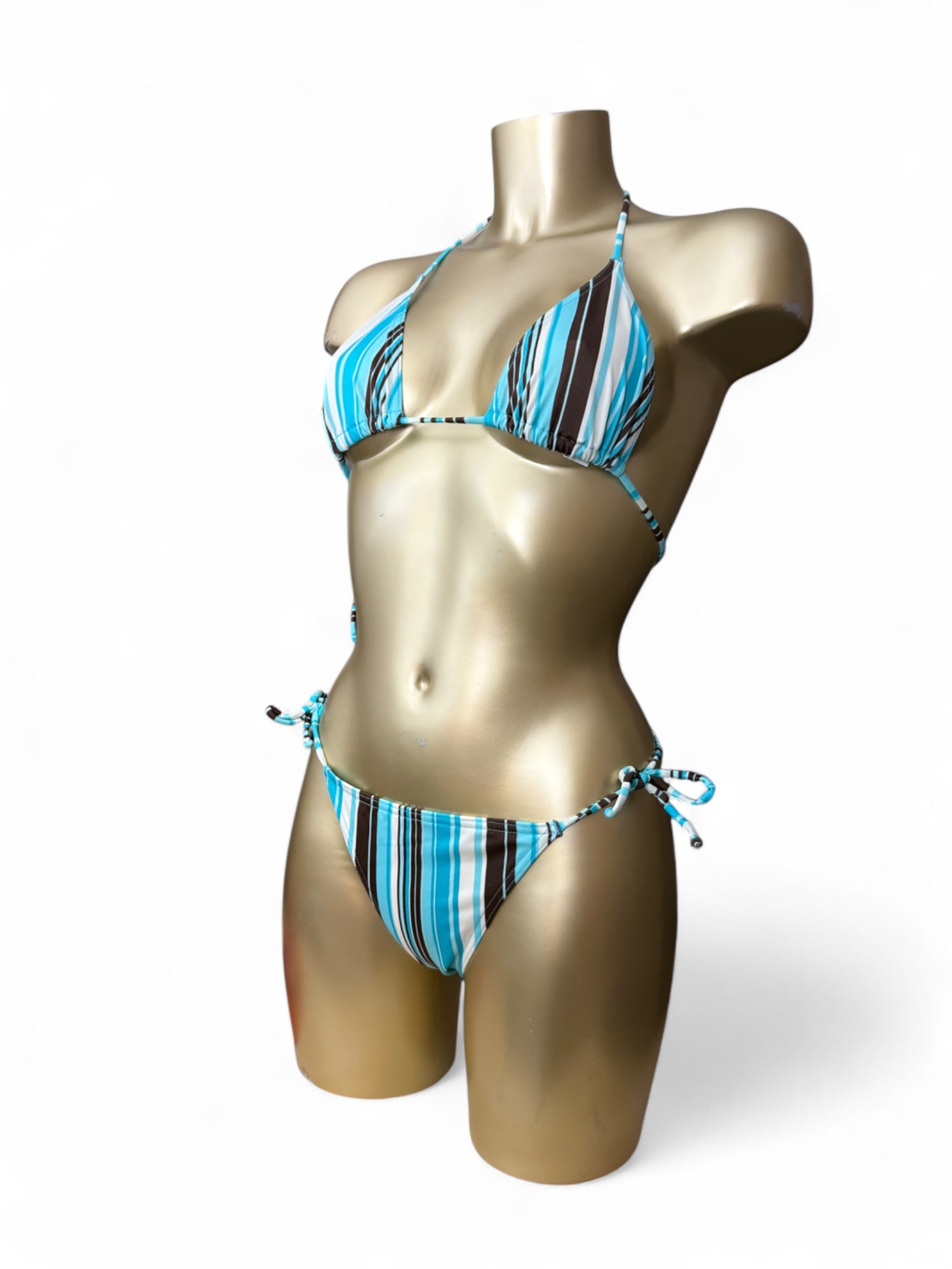 Blue tie up striped low rise bikini set (M)