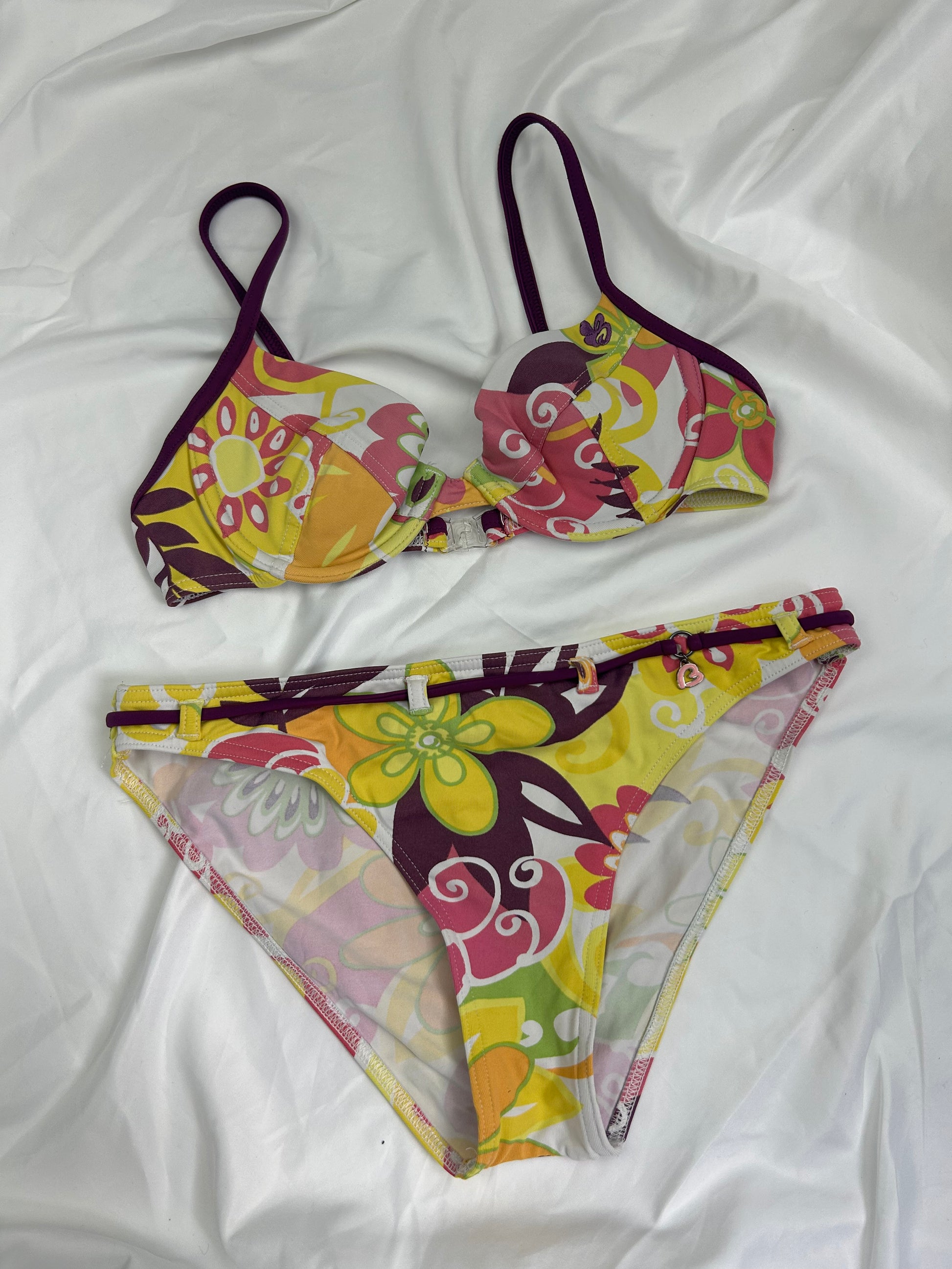 Yellow floral print low rise bikini set (S/M)