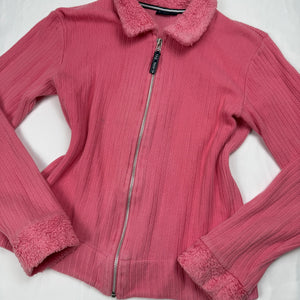 Pink zip up faux fur neck biker jacket (M)