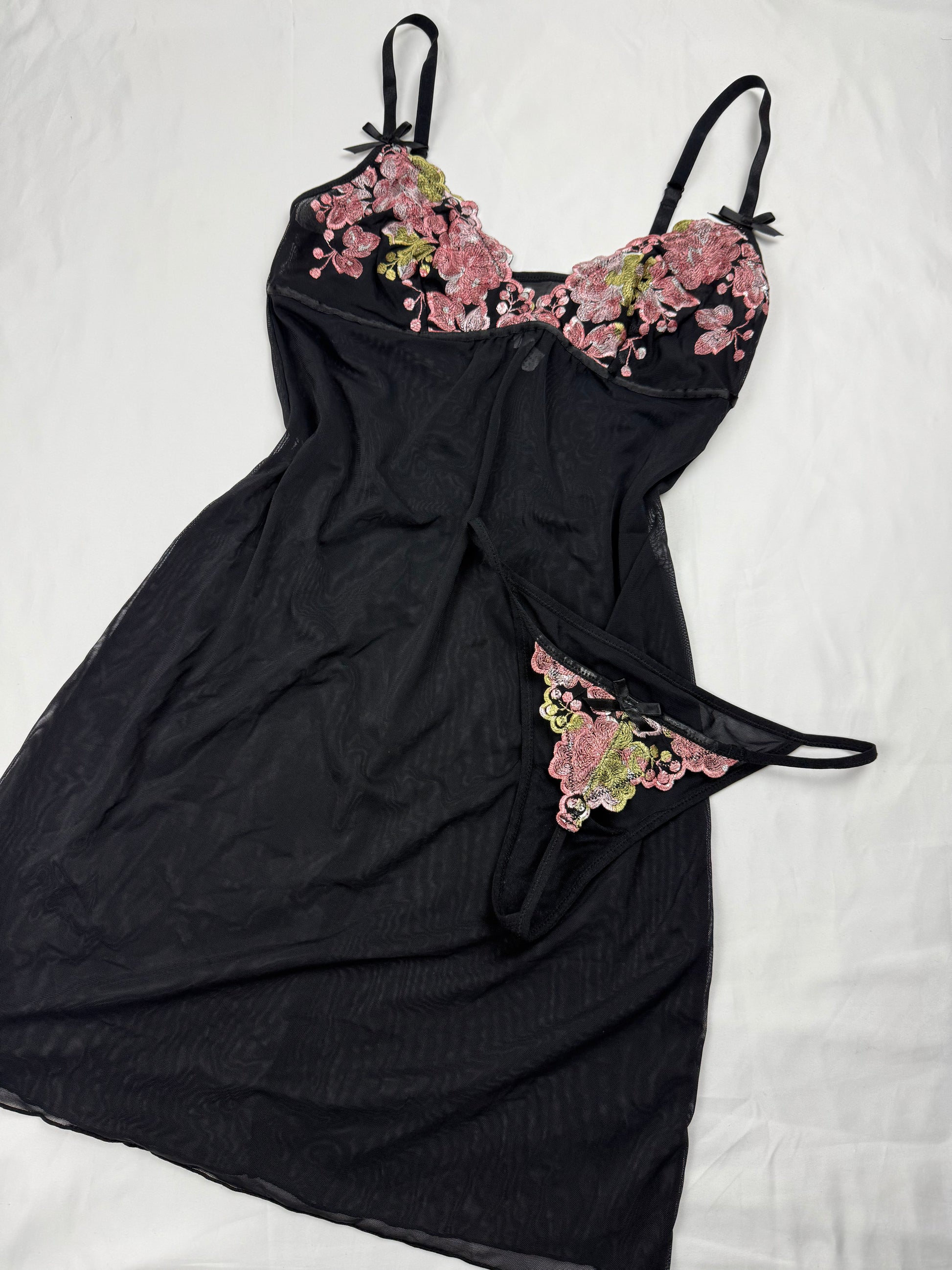 Black mesh babydoll mini dress + thong set (S/M)