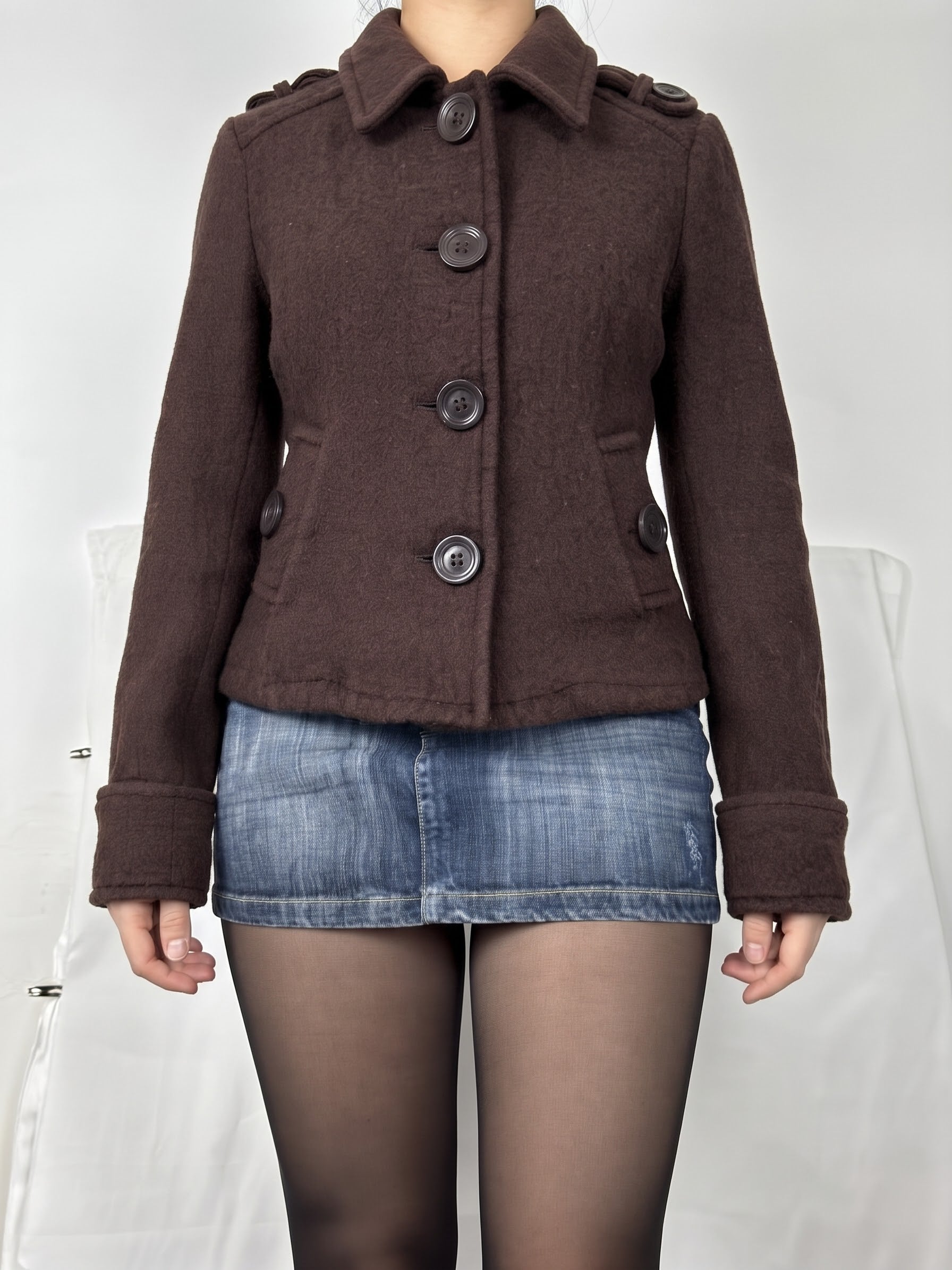 Brown wool tight fit trench caban jacket (S)