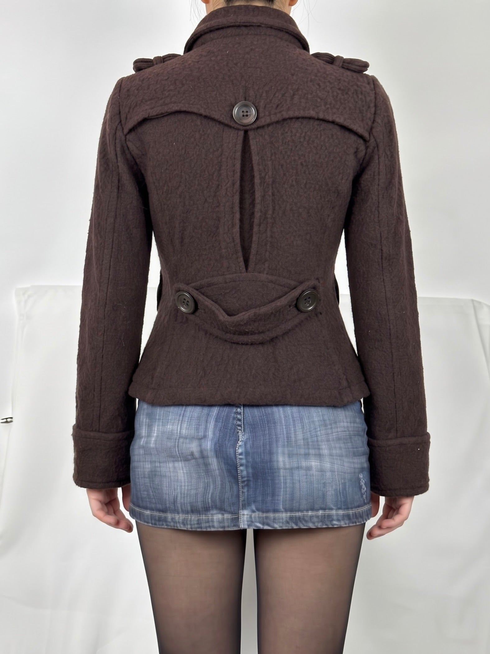 Brown wool tight fit trench caban jacket (S)