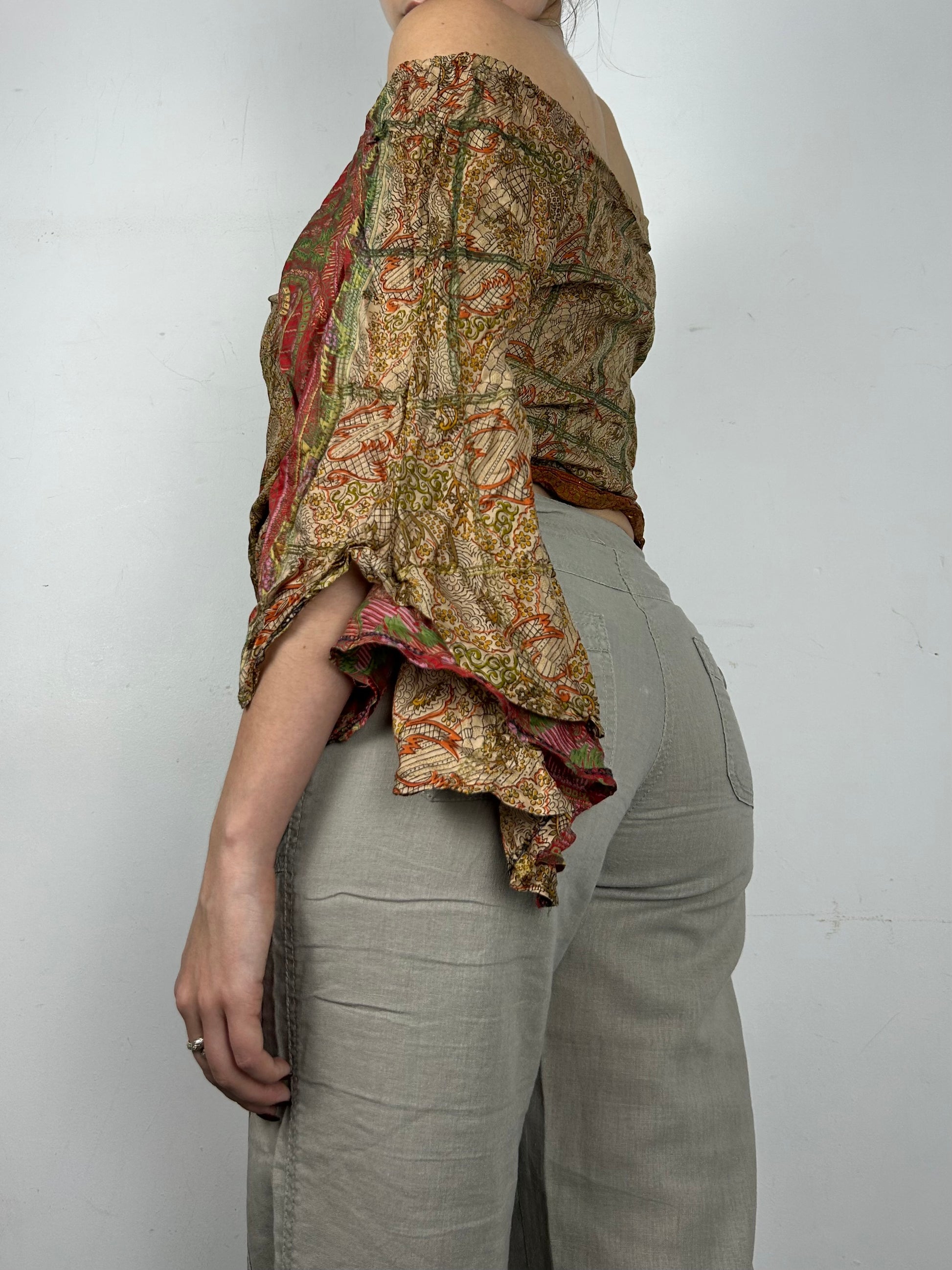 Beige 100% silk  flared long sleeves top (S/M)