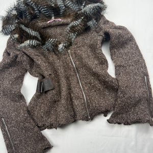 Brown faux fur neck zip up knitted  jacket (M/L)