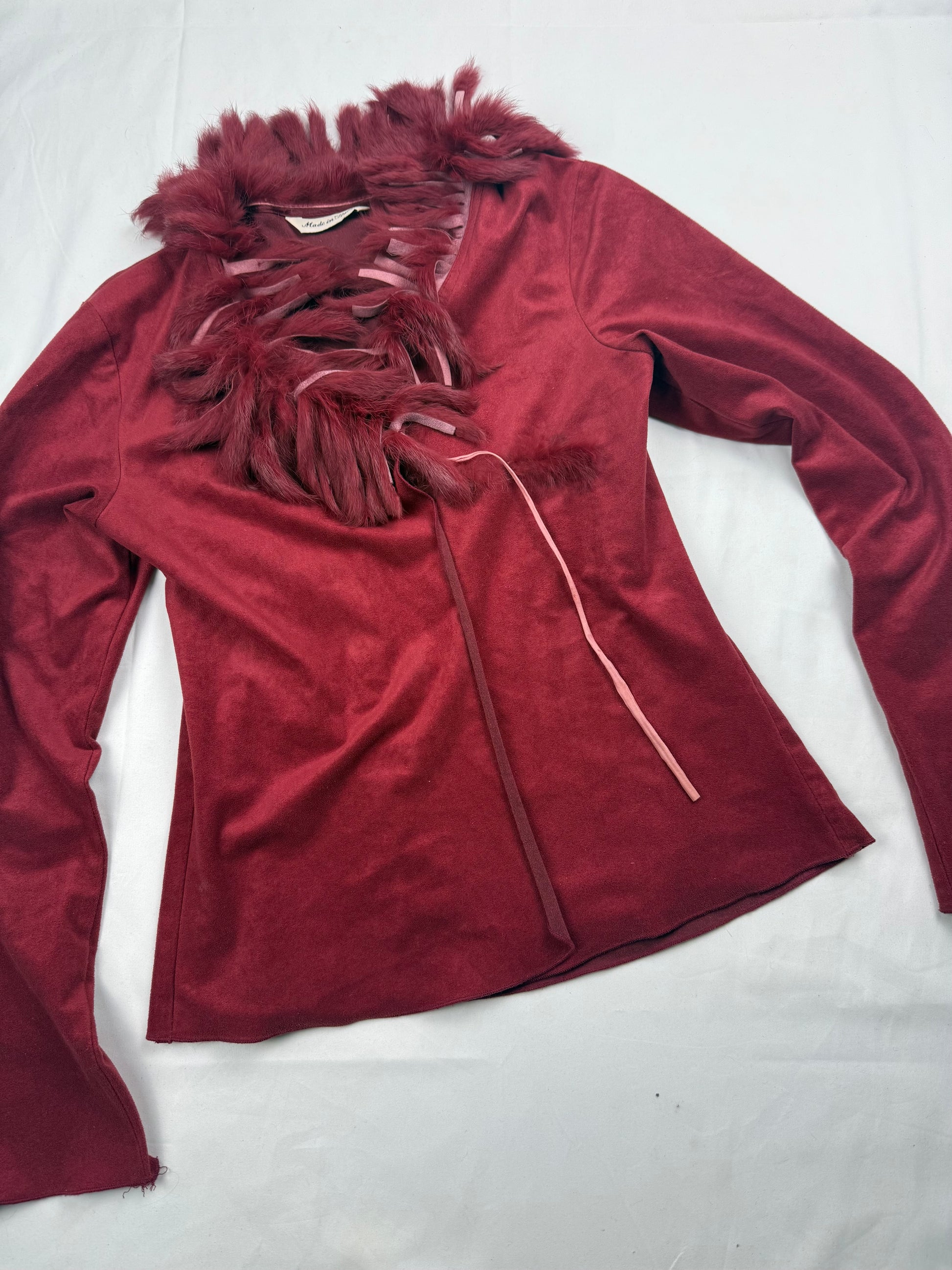 Burgundy red real fur & suede tie up cardigan top (S/M)