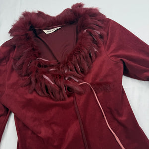Burgundy red real fur & suede tie up cardigan top (S/M)
