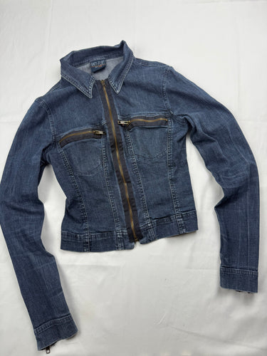 Blue denim zip up biker jacket (XS)