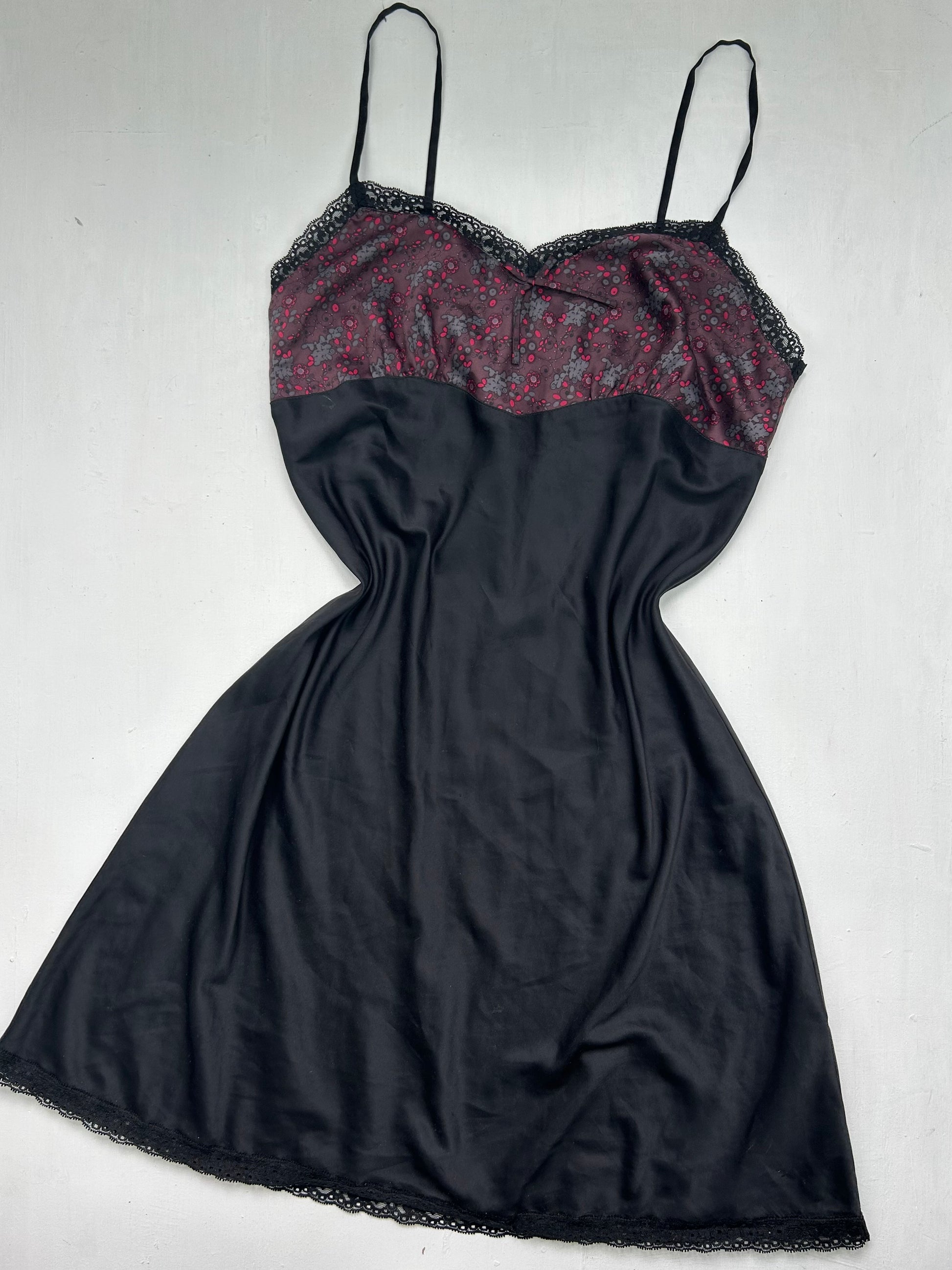 Black floral satin babydoll mini dress (M)