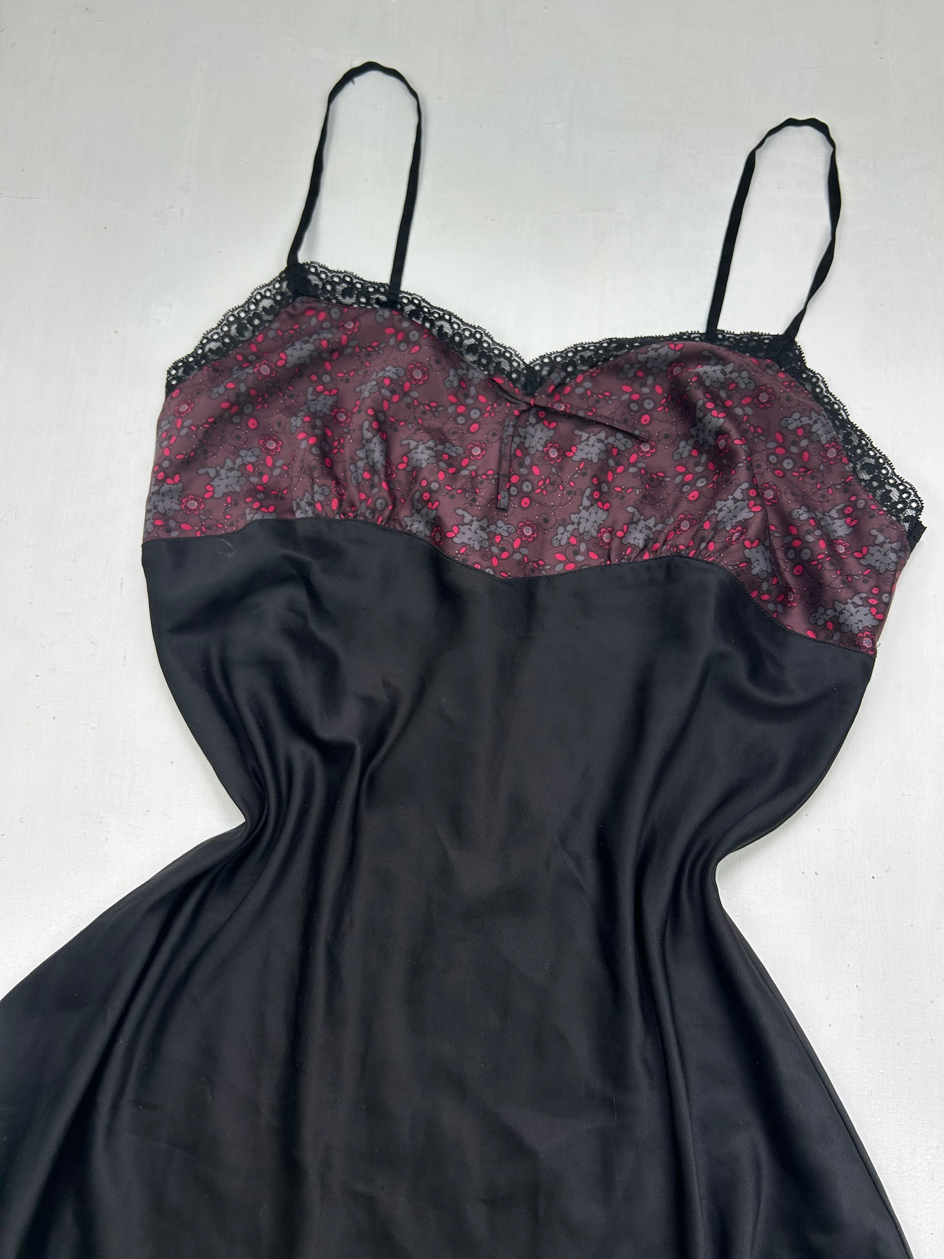 Black floral satin babydoll mini dress (M)