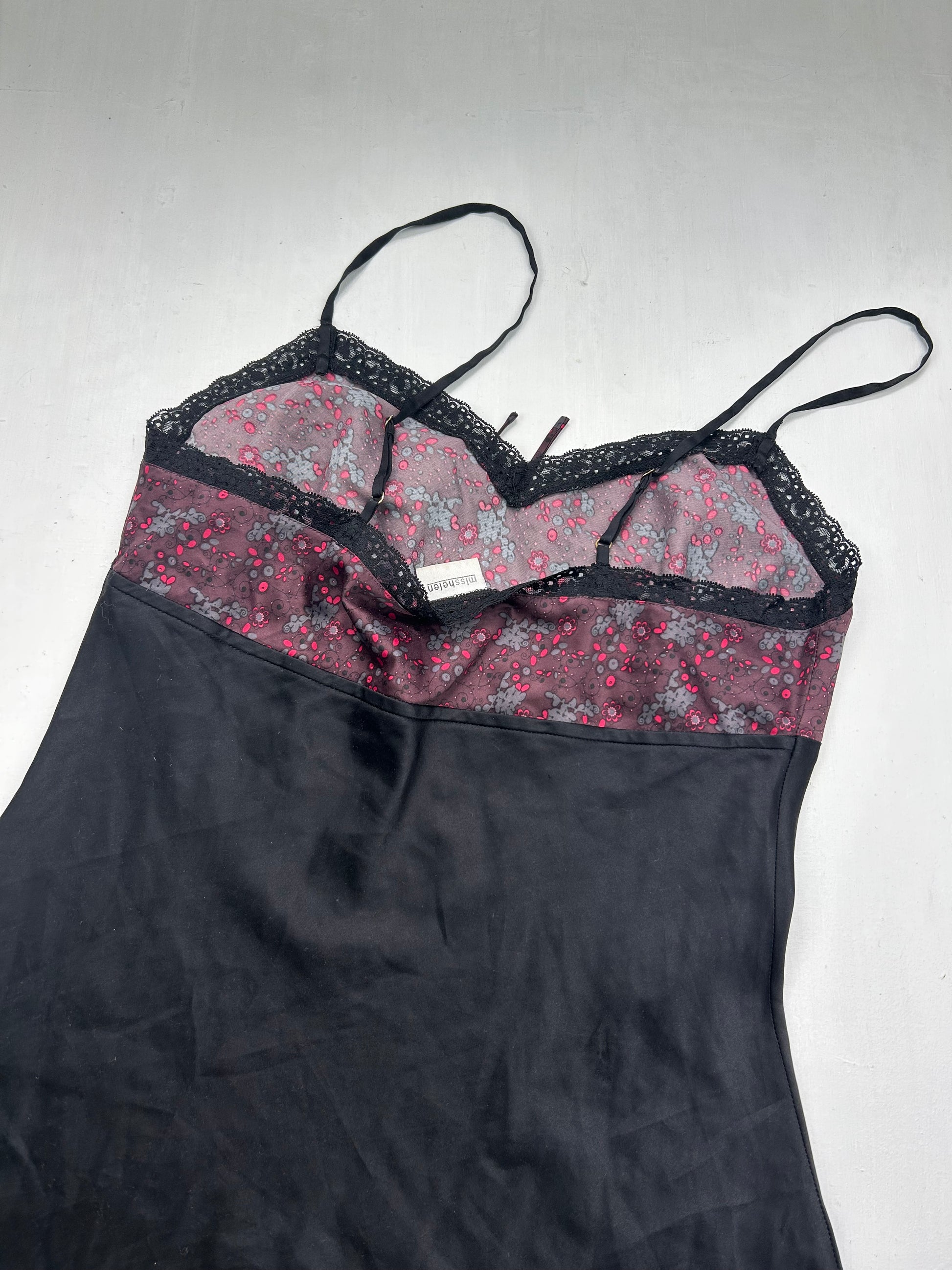 Black floral satin babydoll mini dress (M)
