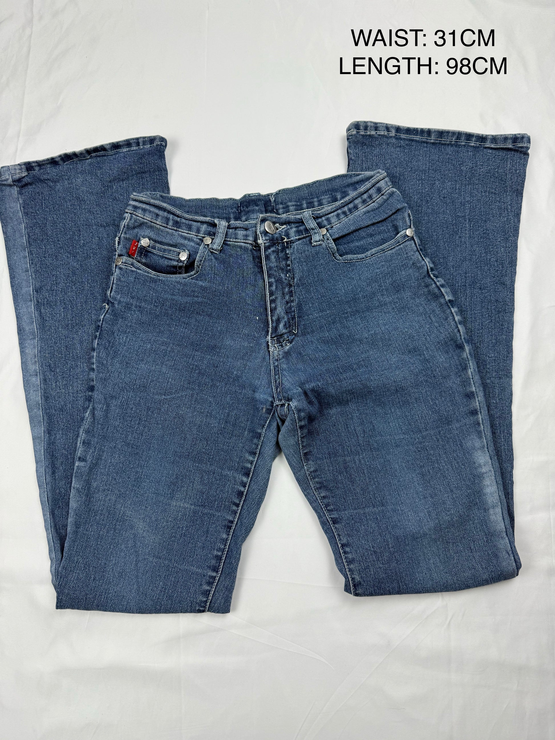 Blue denim mid rise flare pants (XS/S)