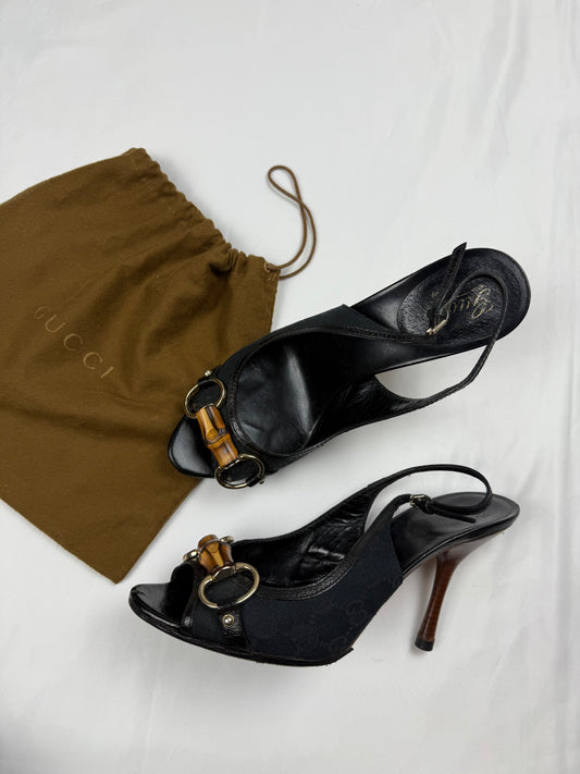 Black monogram open toes heels (37.5)