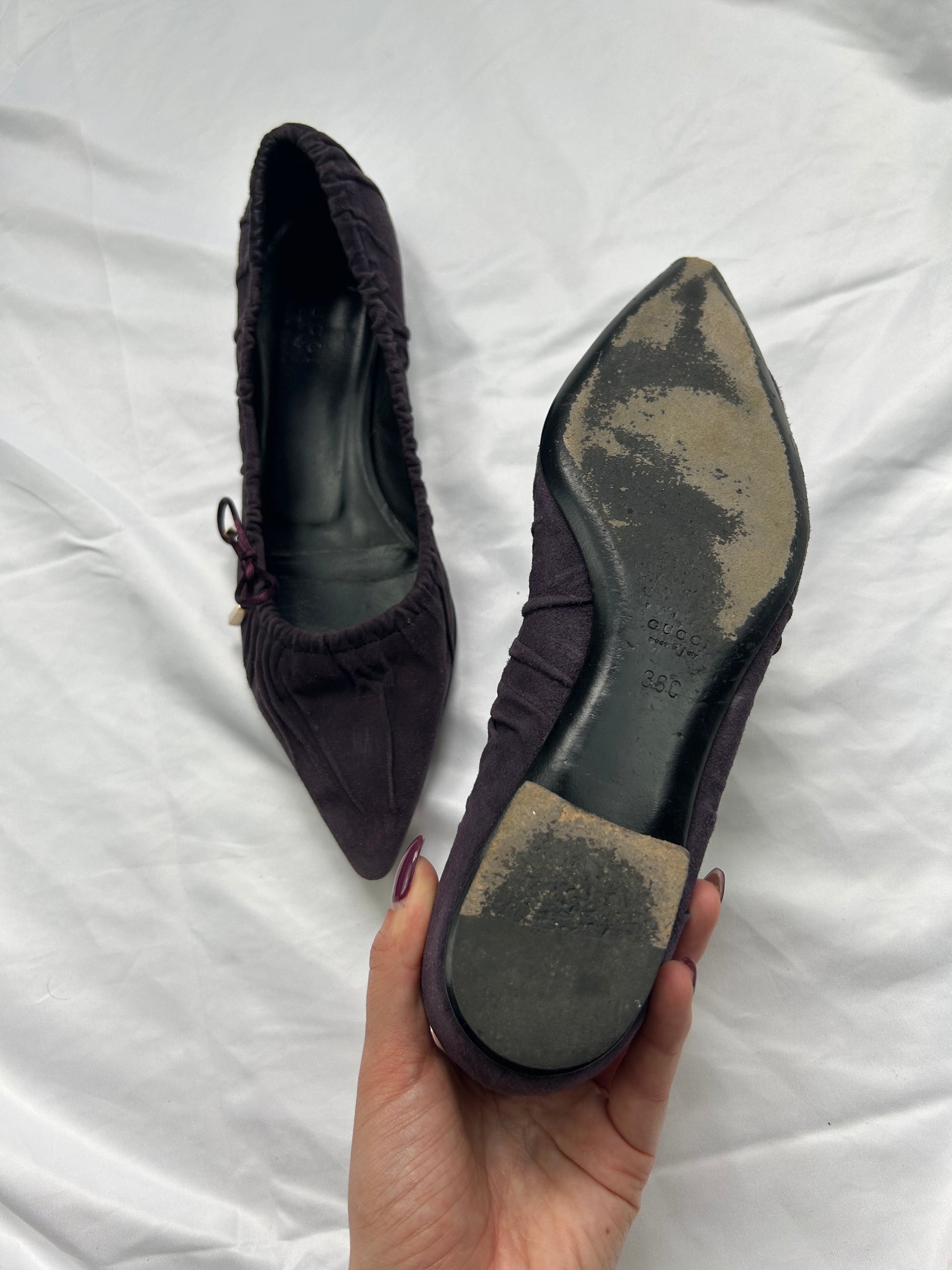 Purple 100% suede leather pointed toes ballets shoes (36)