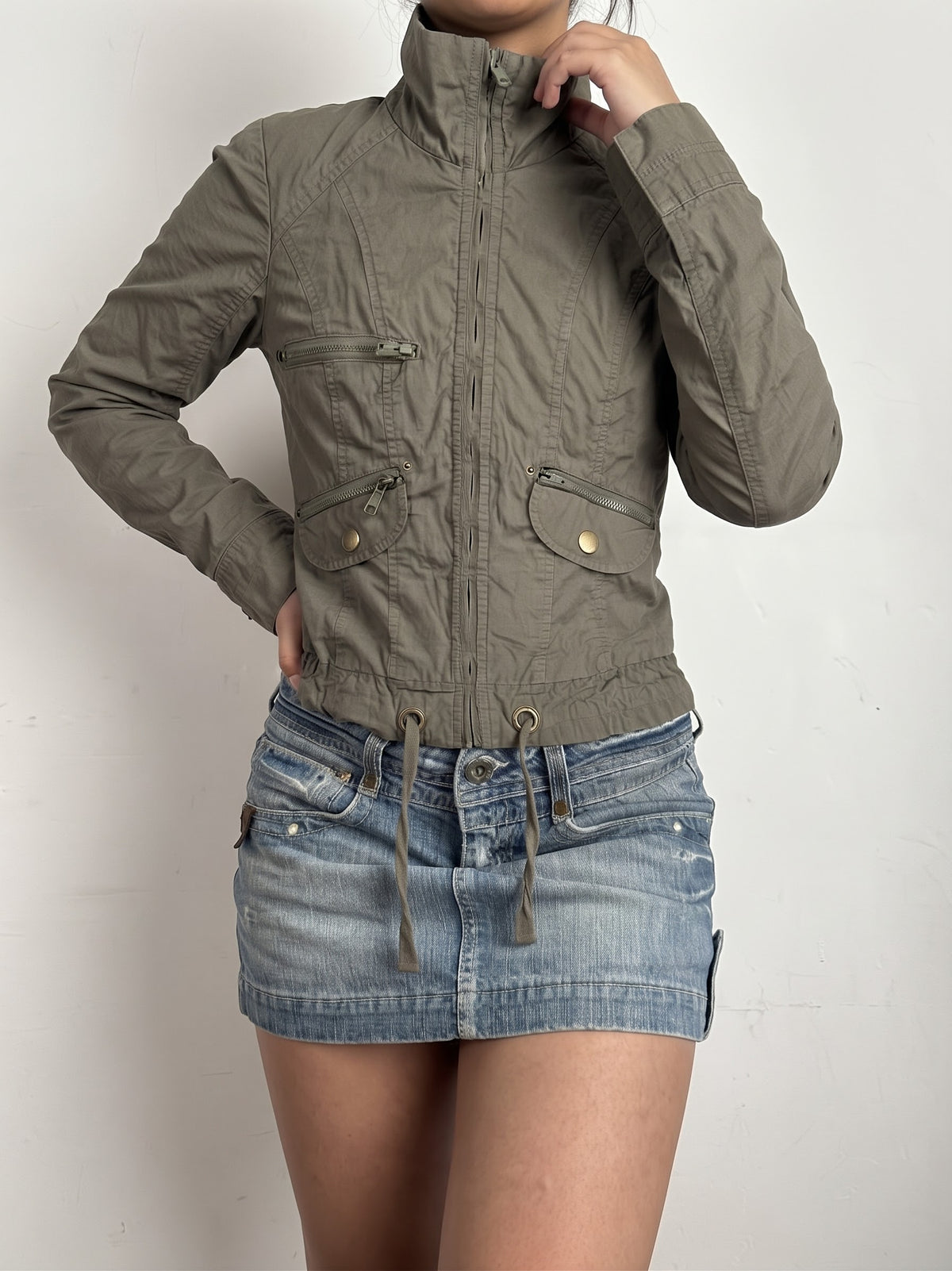 Khaki zip up biker jacket (S)