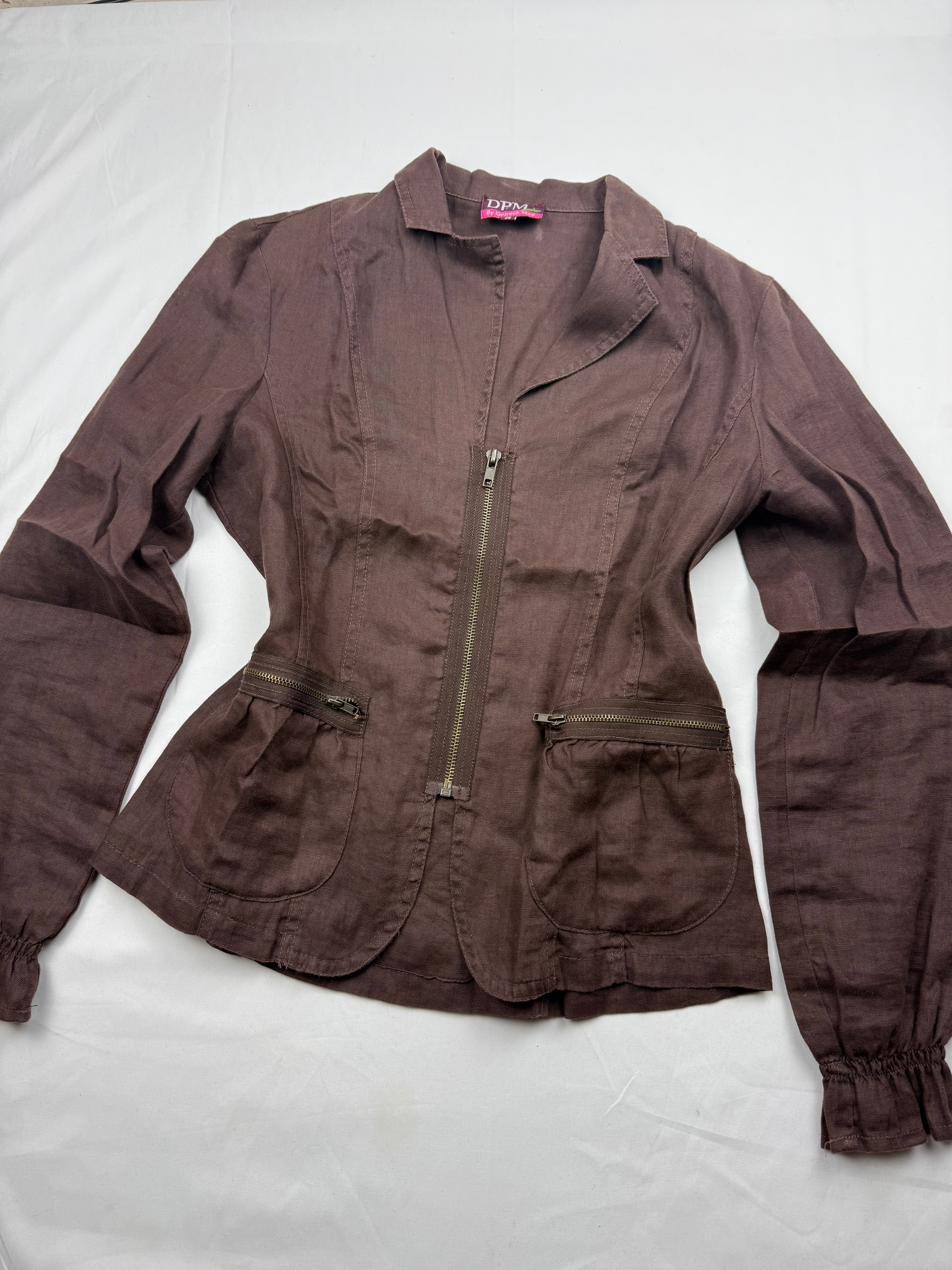 Brown 100% linen tight fit zip up office jacket (M)