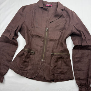 Brown 100% linen tight fit zip up office jacket (M)