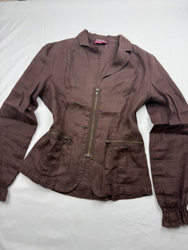 Brown 100% linen tight fit zip up office jacket (M)