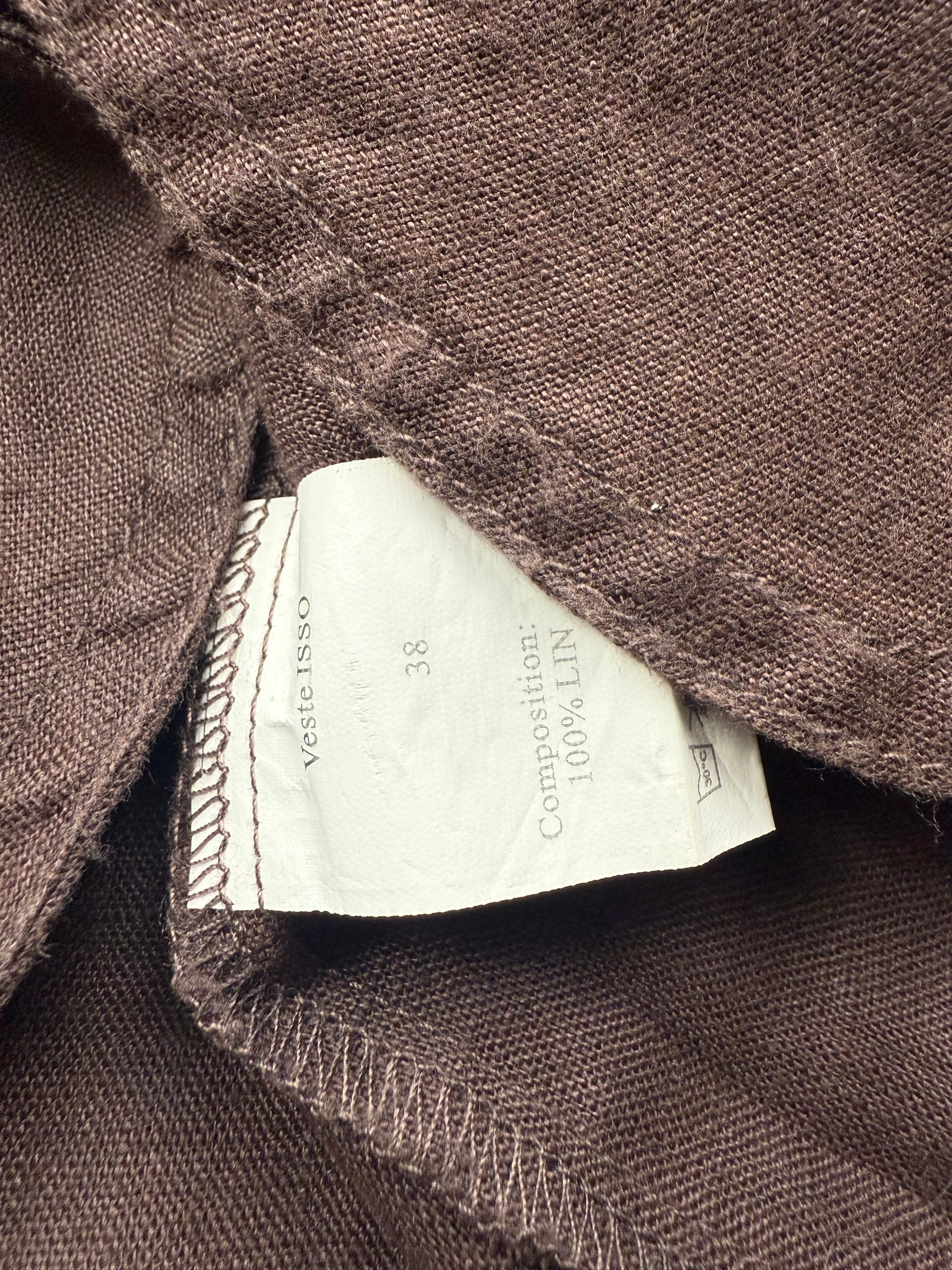 Brown 100% linen tight fit zip up office jacket (M)