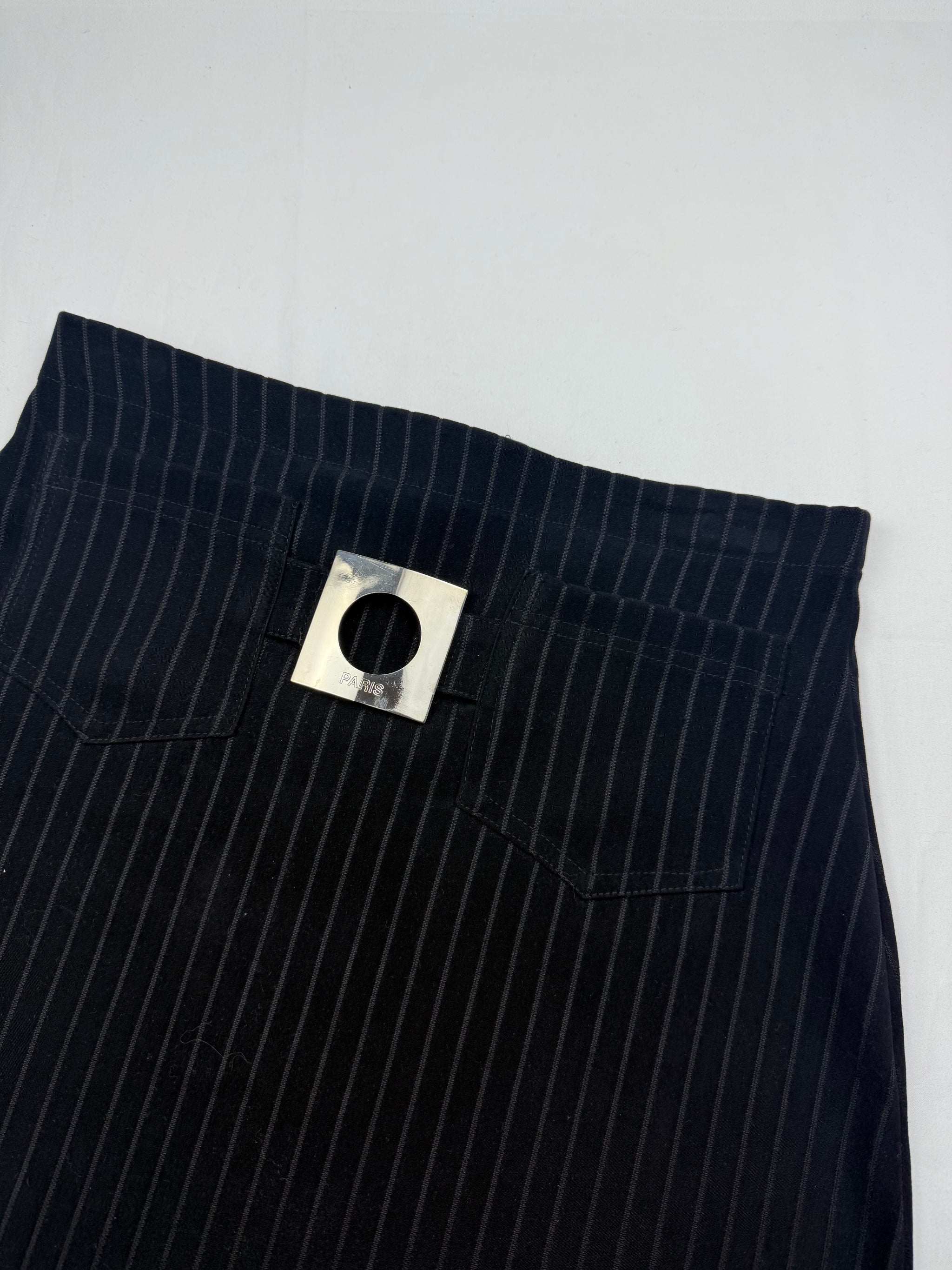 Black striped buckle belt office siren mini skirt (S)