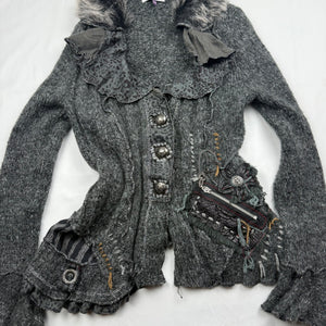 Grey zip up embroidered wool cardigan jacket (S/M)