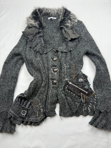 Grey zip up embroidered wool cardigan jacket (S/M)