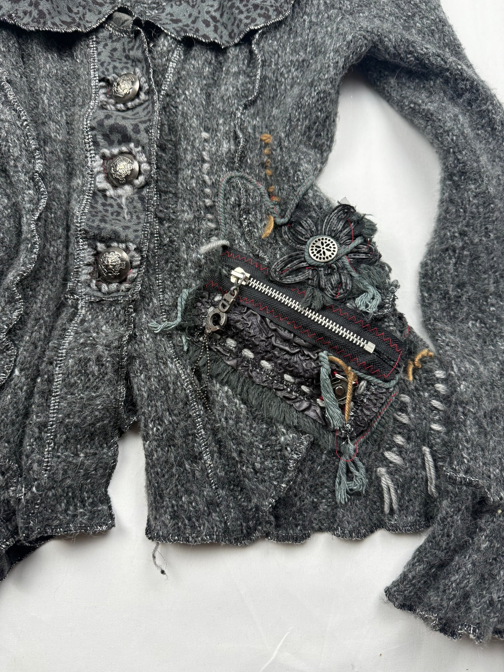 Grey zip up embroidered wool cardigan jacket (S/M)