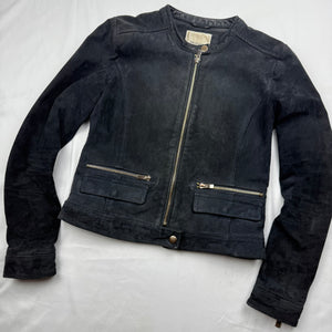 Black real suede leather tight fit biker jacket (XS)