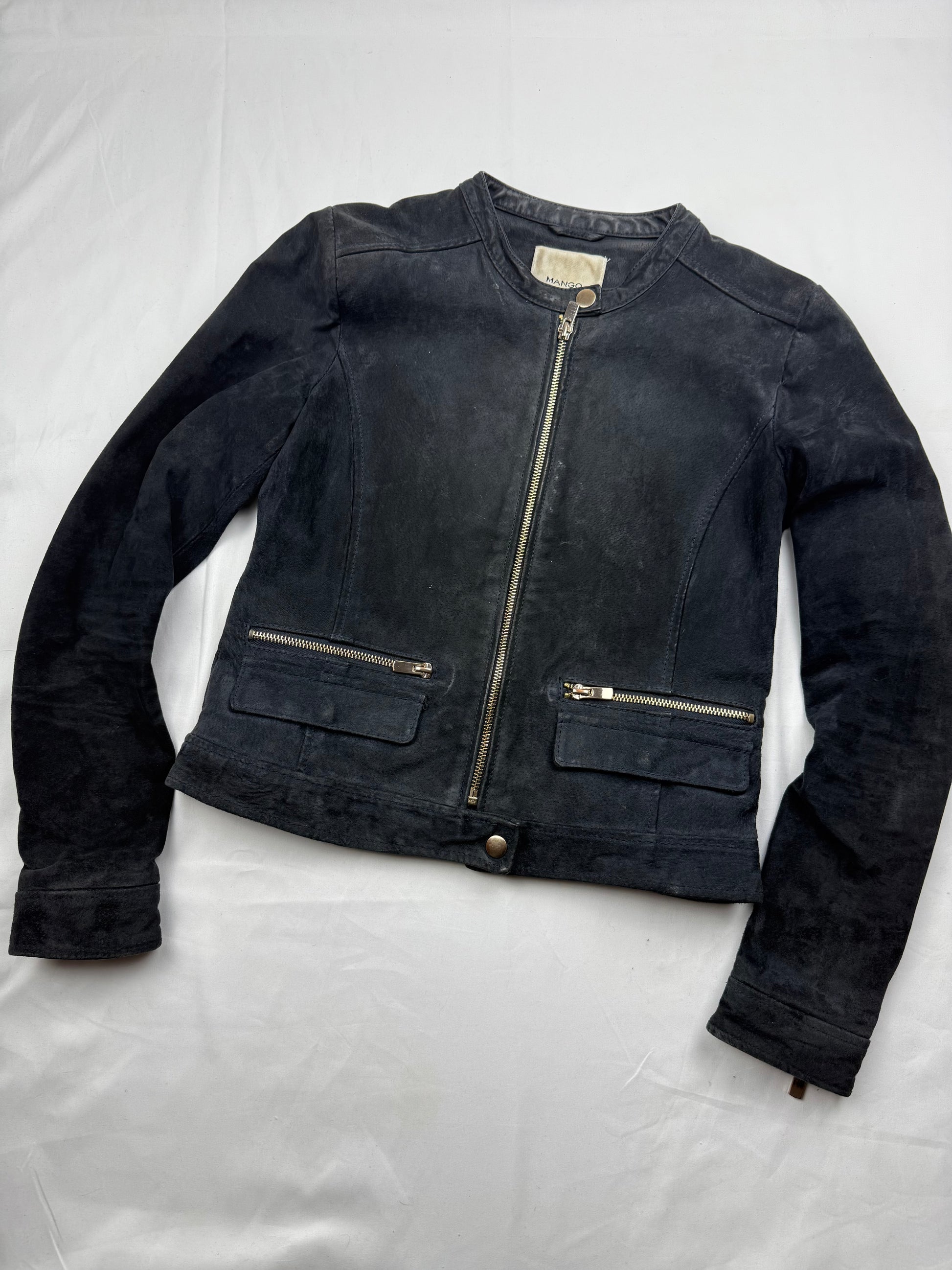 Black real suede leather tight fit biker jacket (XS)