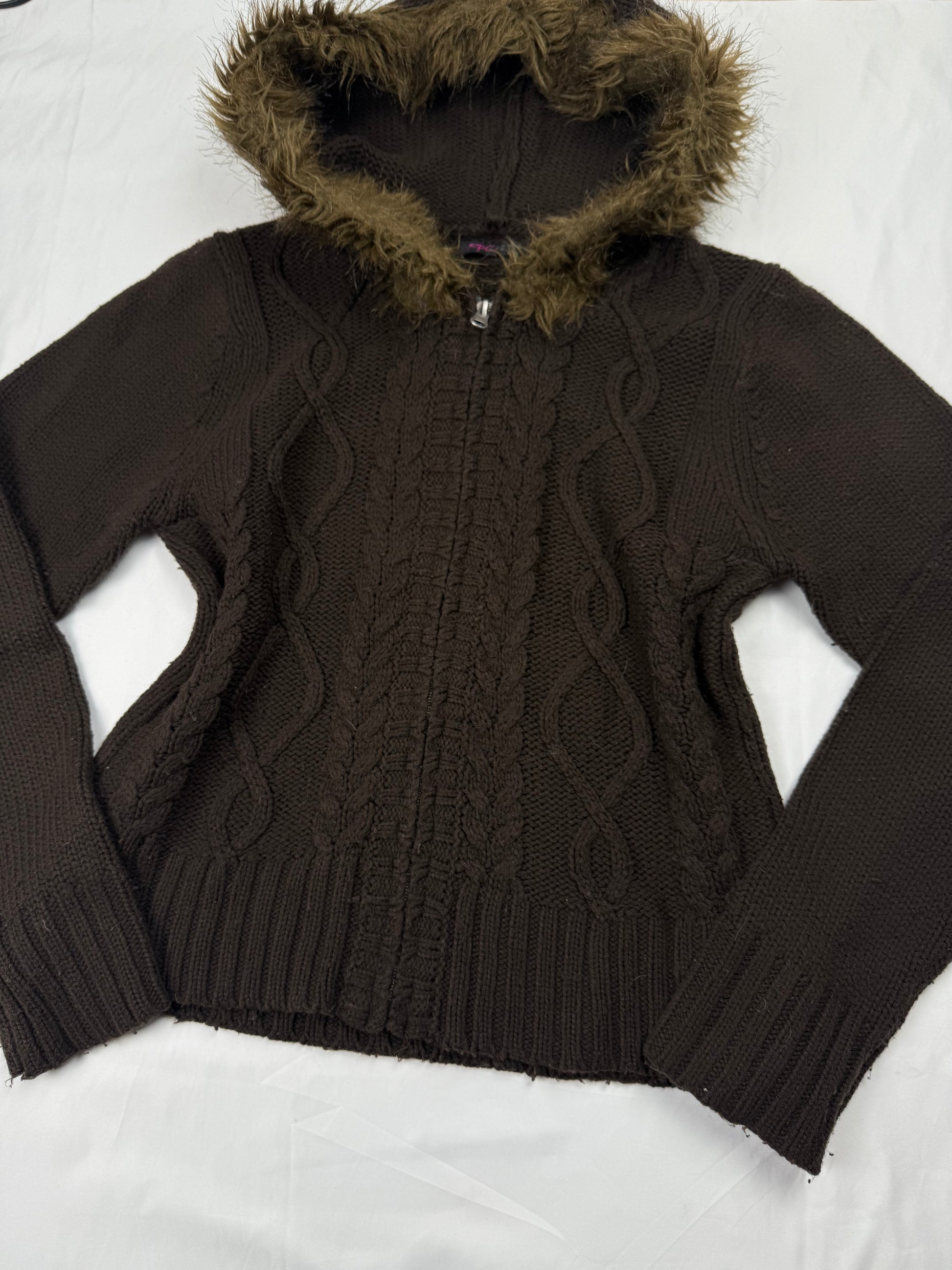Brown faux fur hooded zip up jumper (L)