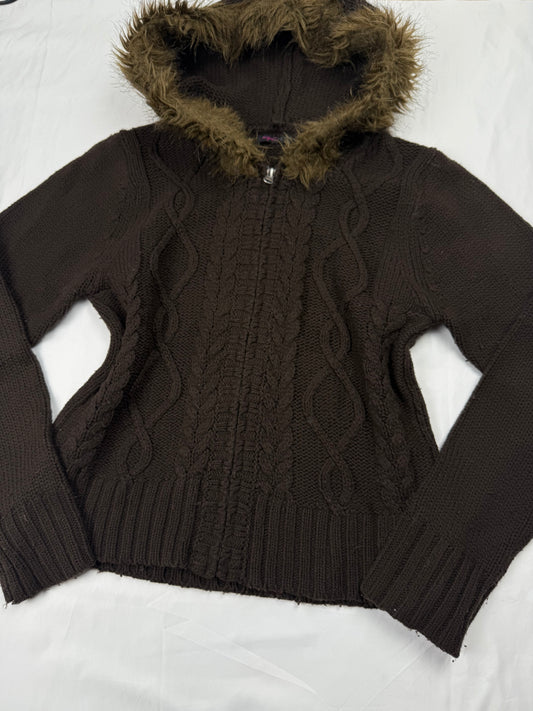 Brown faux fur hooded zip up jumper (L)