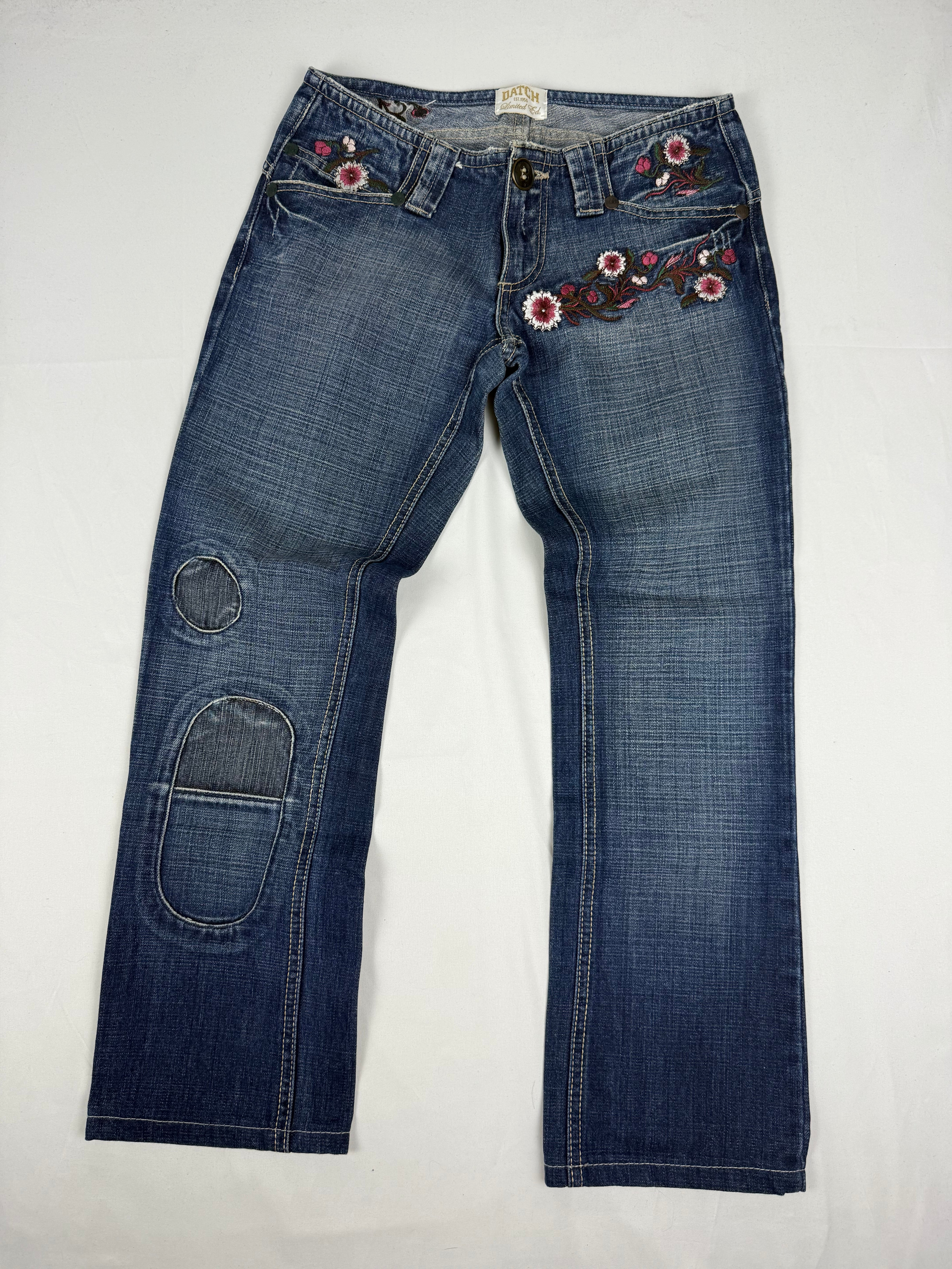 Navy blue embroidered floral low rise capri pants (S)