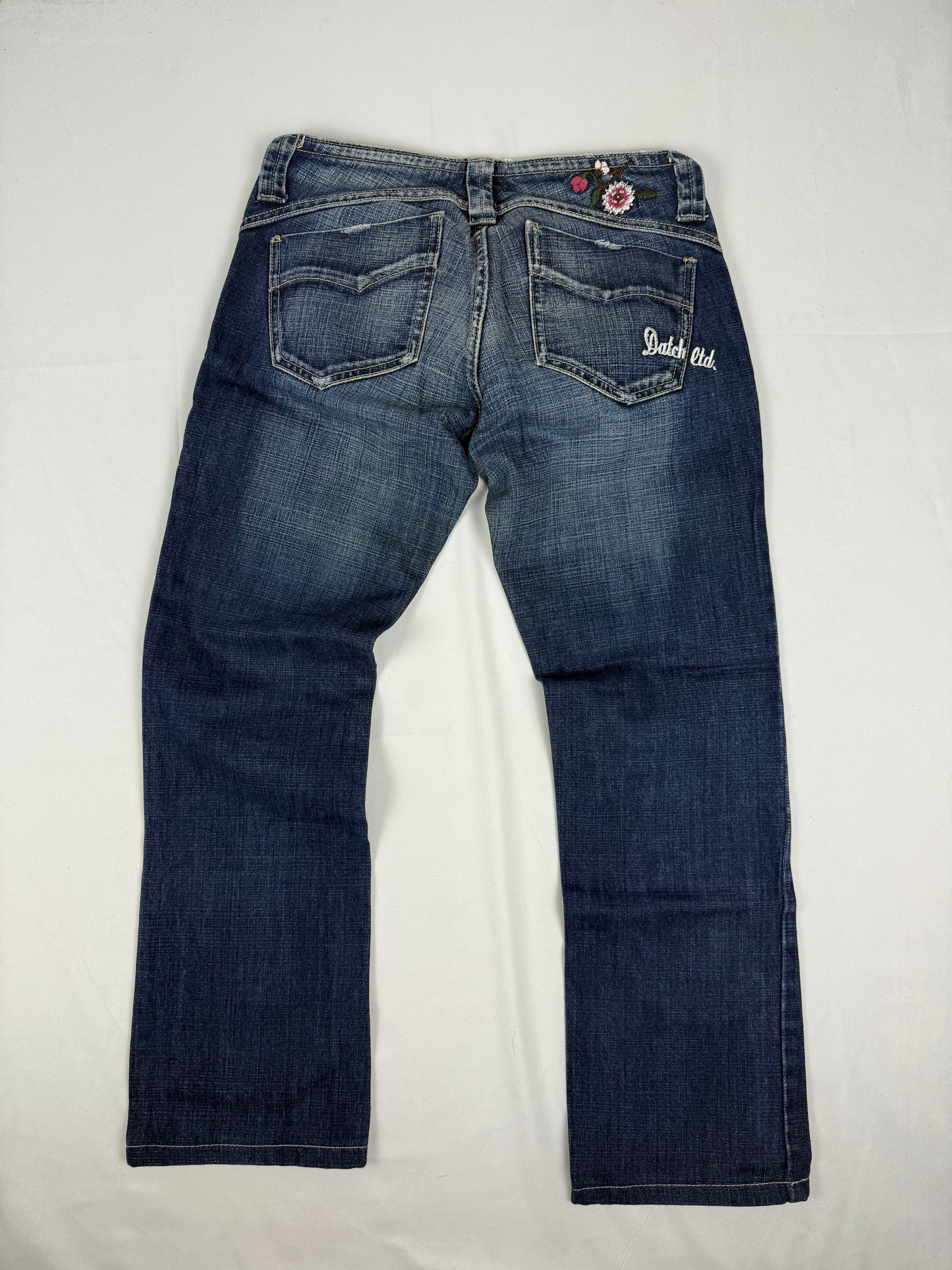 Navy blue embroidered floral low rise capri pants (S)